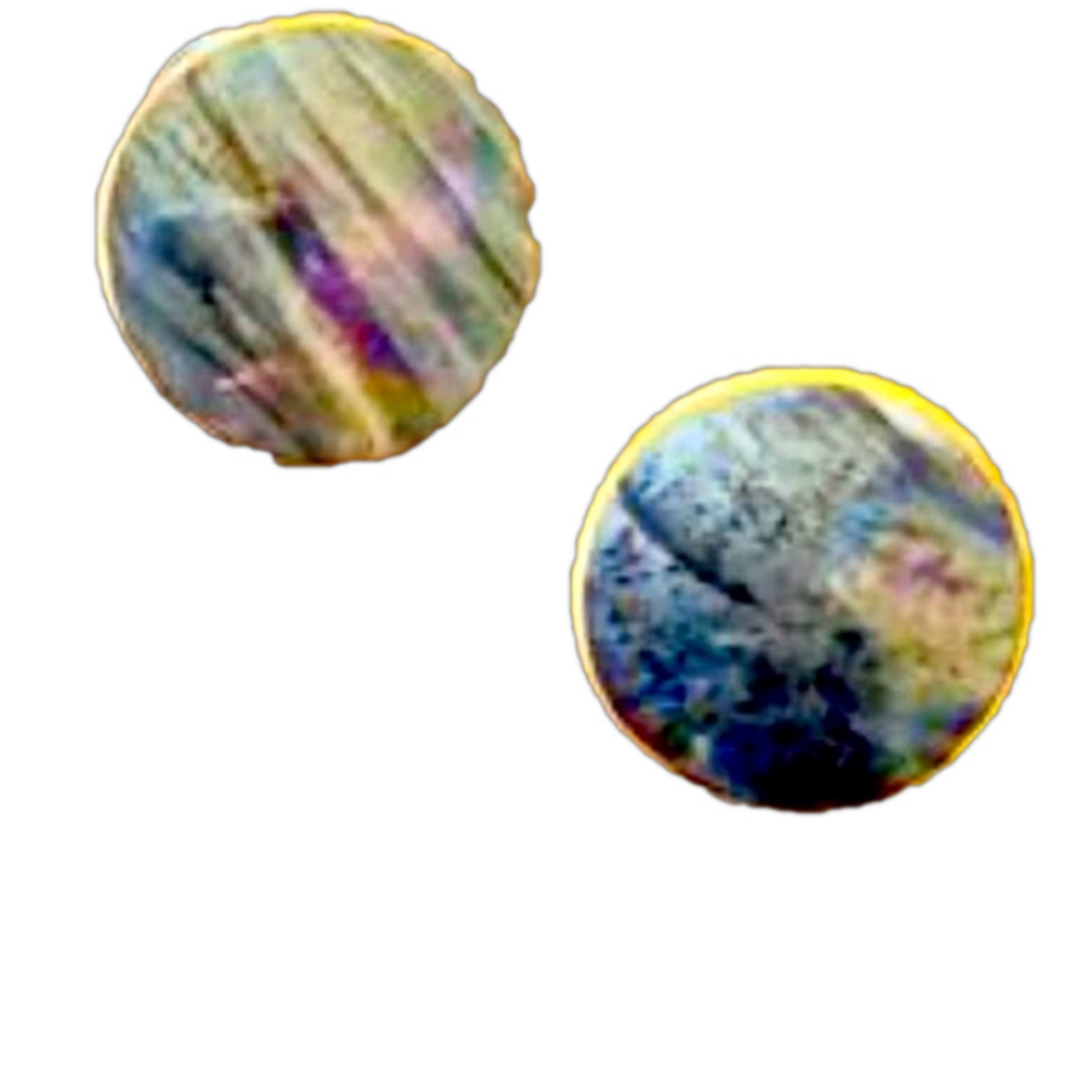 Vintage Fotherby Ceramic Stud Earrings Opalescent Labradorite Glaze Round Signed